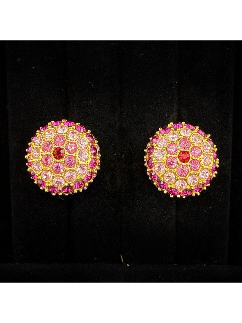 Joan Rivers Earrings Pink Purple Rhinestone Domed Round CLIP ON Cocktail Vintage
